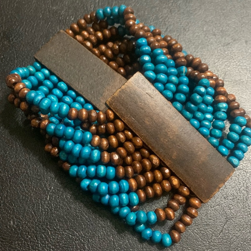 Bohemian Brown & Teal Wooden beaded stretch bracelet